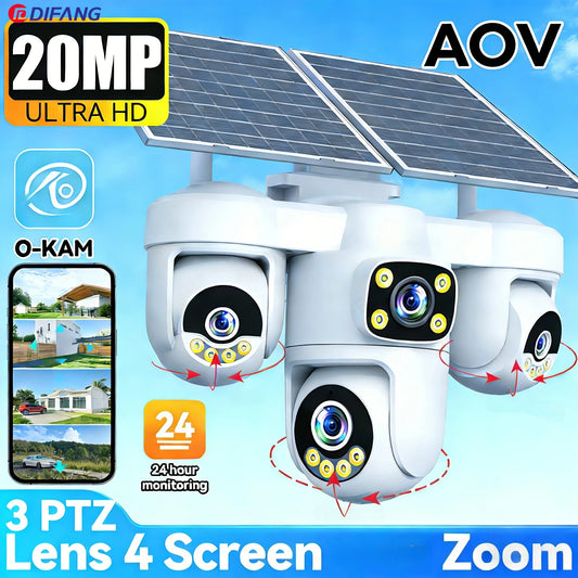 DIFANG 20MP AOV Wireless 4G Solar Camera Four Screen 360° 3 PTZ Lens  Zoom Wireless Security CCTV New Solar CCTV O-kam Pro