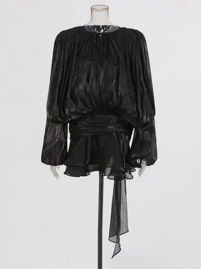 TWOTWINSTYLE Elegant Ruched Mini Dress For Women Round Neck Lantern Long Sleeve High Waist Temperament Dresses Female Fashion