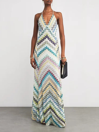 GACVGA Sexy Crochet V Neck Halter Maxi Dress Women New Summer Fashion Sleeveless Backless Slim Knitted Long Dress
