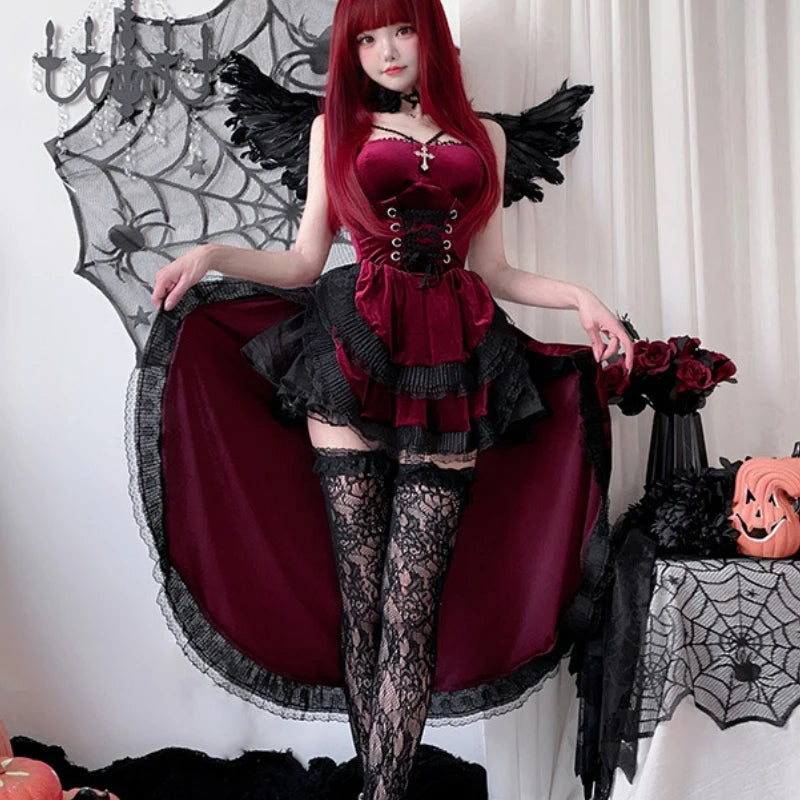 Sexy Lingerie Cosplay Dark Gothic Halloween Costume Ladies Dress Dovetail Witch Vampire Bride Performance Costume Red Suit