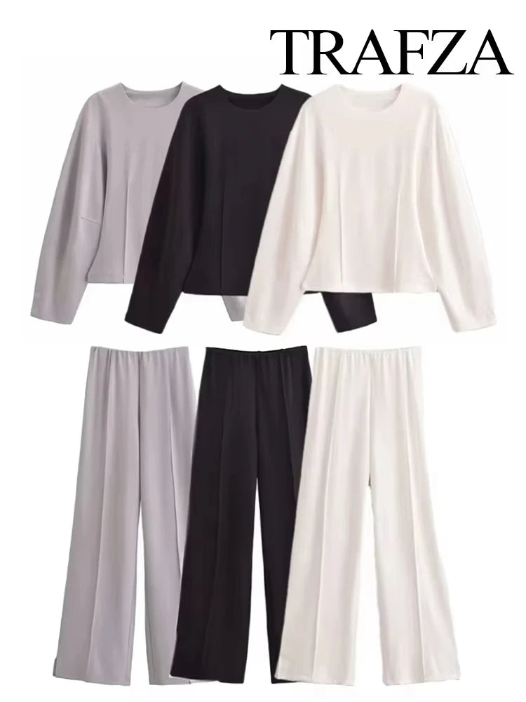 TRAFZA Women New Fashion Slimming 2-Piece Set Double-Sided Fabric O-Neck Long-Sleeve Top+Elegant Stretch Long Pants Female Suit