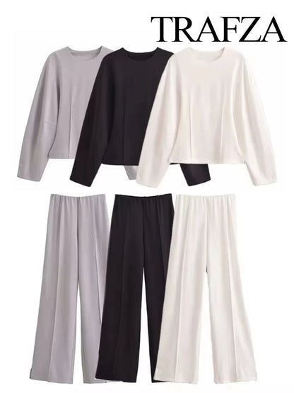 TRAFZA Women New Fashion Slimming 2-Piece Set Double-Sided Fabric O-Neck Long-Sleeve Top+Elegant Stretch Long Pants Female Suit