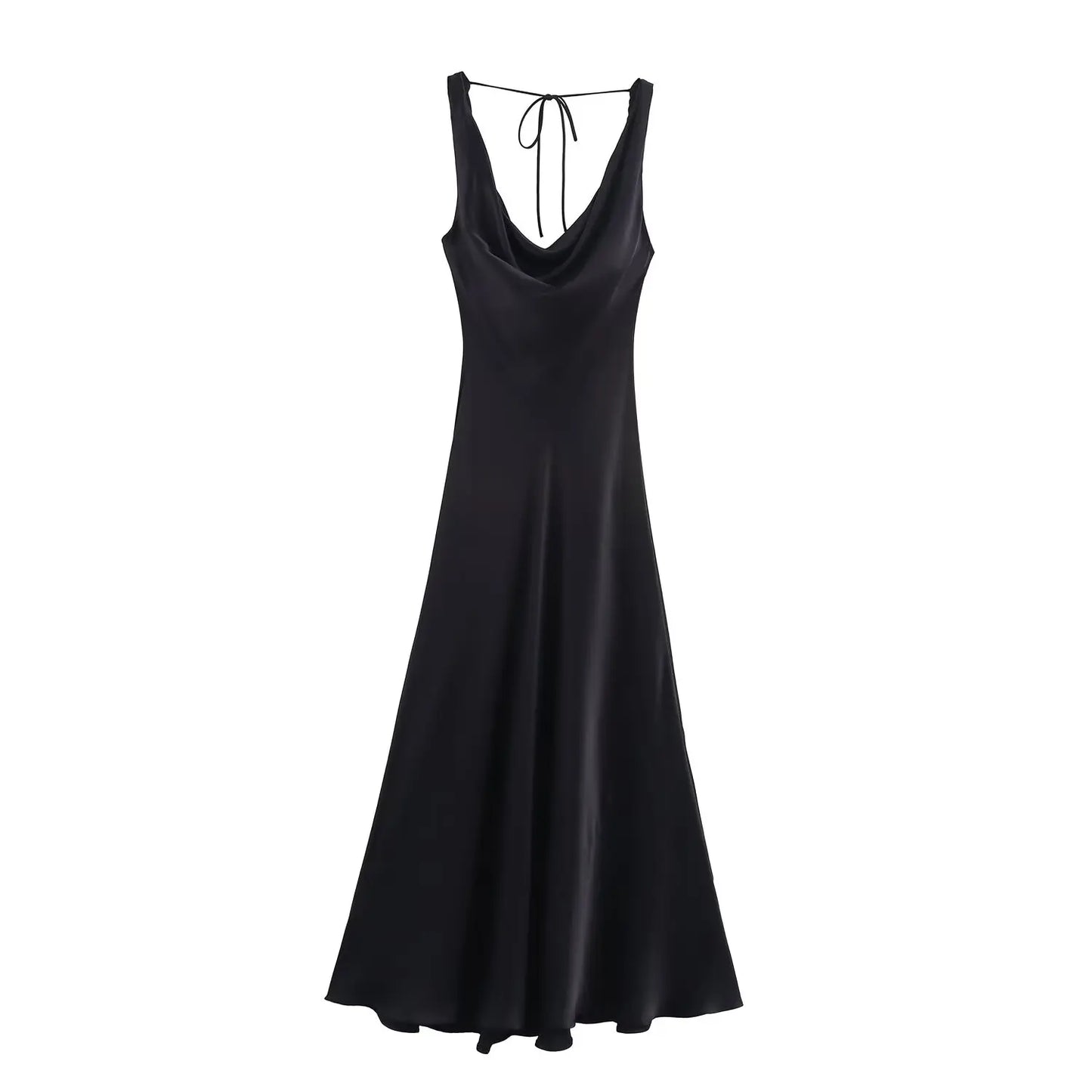 HH Women's Solid Vacation Style Satin Texture Backless V-neck Midi Dress Summer Female Elegant Sexy Lace-up Strap Dress