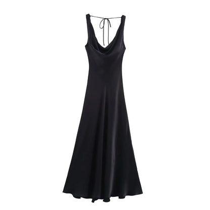 HH Women's Solid Vacation Style Satin Texture Backless V-neck Midi Dress Summer Female Elegant Sexy Lace-up Strap Dress