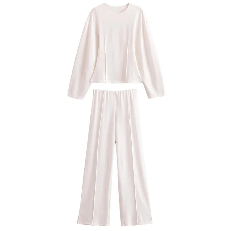 TRAFZA Women New Fashion Slimming 2-Piece Set Double-Sided Fabric O-Neck Long-Sleeve Top+Elegant Stretch Long Pants Female Suit