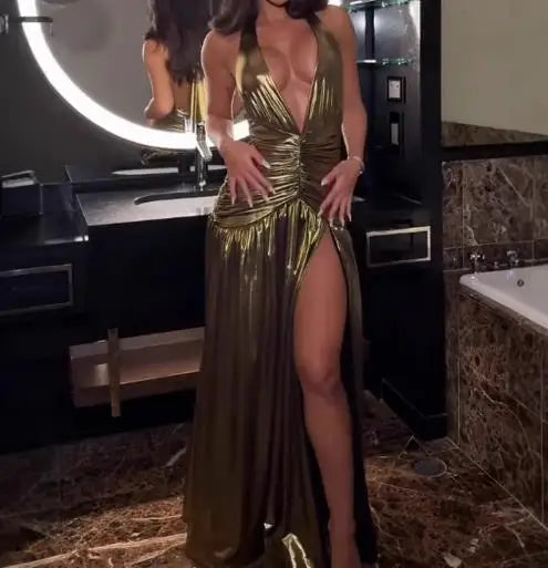 Womens Dresses New Summer Solid Color Halter V-Neck Sexy High Slit Backless Waist Cinching Ruched Casual Long Dress