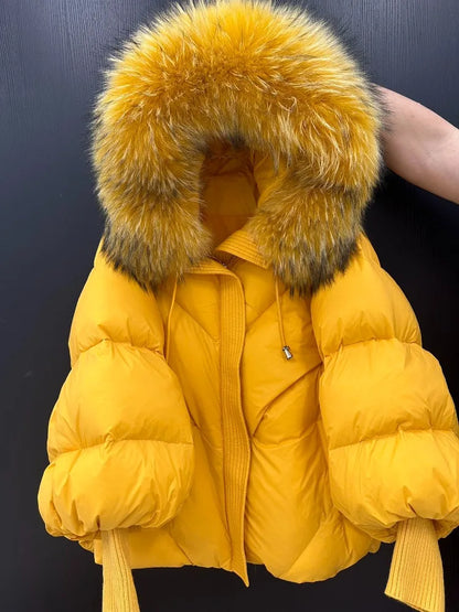 OFTBUY 2025 New Winter Large Real Fur Hooded Puffer Jacket Women Thicken Warm Knitted Sleeve Coat White Duck Down Mid Long Parka