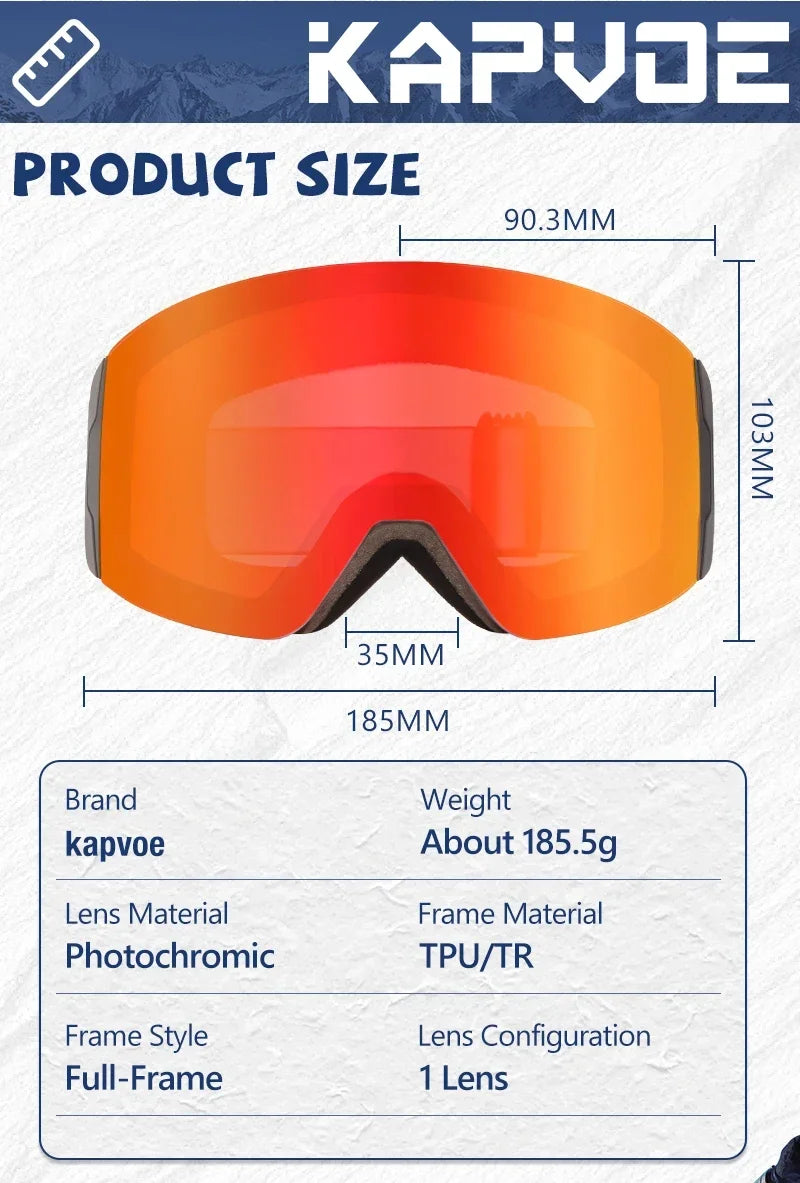 Kapvoe Photochromic Ski Goggles Magnetic Anti-Fog Lenses UV400 Protection Men Women Ski Goggles Winter Sports Eyewear