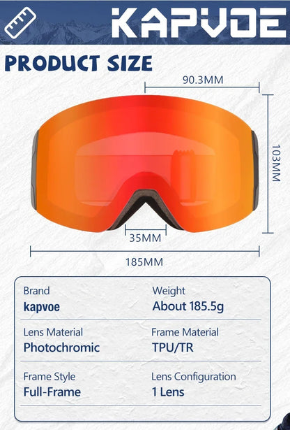 Kapvoe Photochromic Ski Goggles Magnetic Anti-Fog Lenses UV400 Protection Men Women Ski Goggles Winter Sports Eyewear