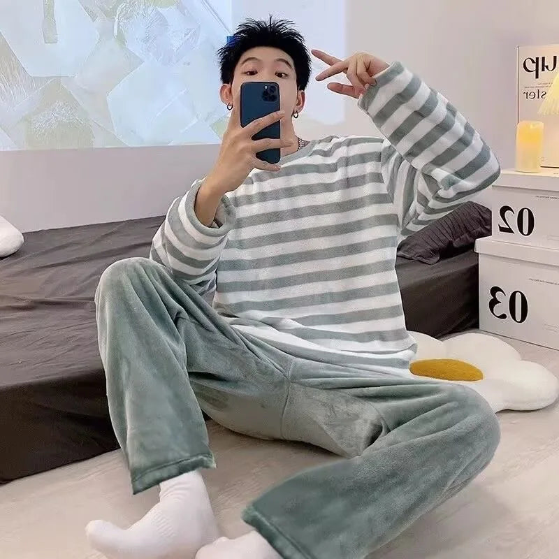 Autumn Winter Oversized Cartoon Print Pajamas for Men Letter Crew Neck New 2025 Men's Pajamas Set Fashion Soft Casual Homewear