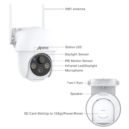 ANRAN 5MP 2K Solar Camera Rechargeable Battery PIR Humanoid Detection Outdoor PTZ Wireless WIFI Camera Full Color Night Vision