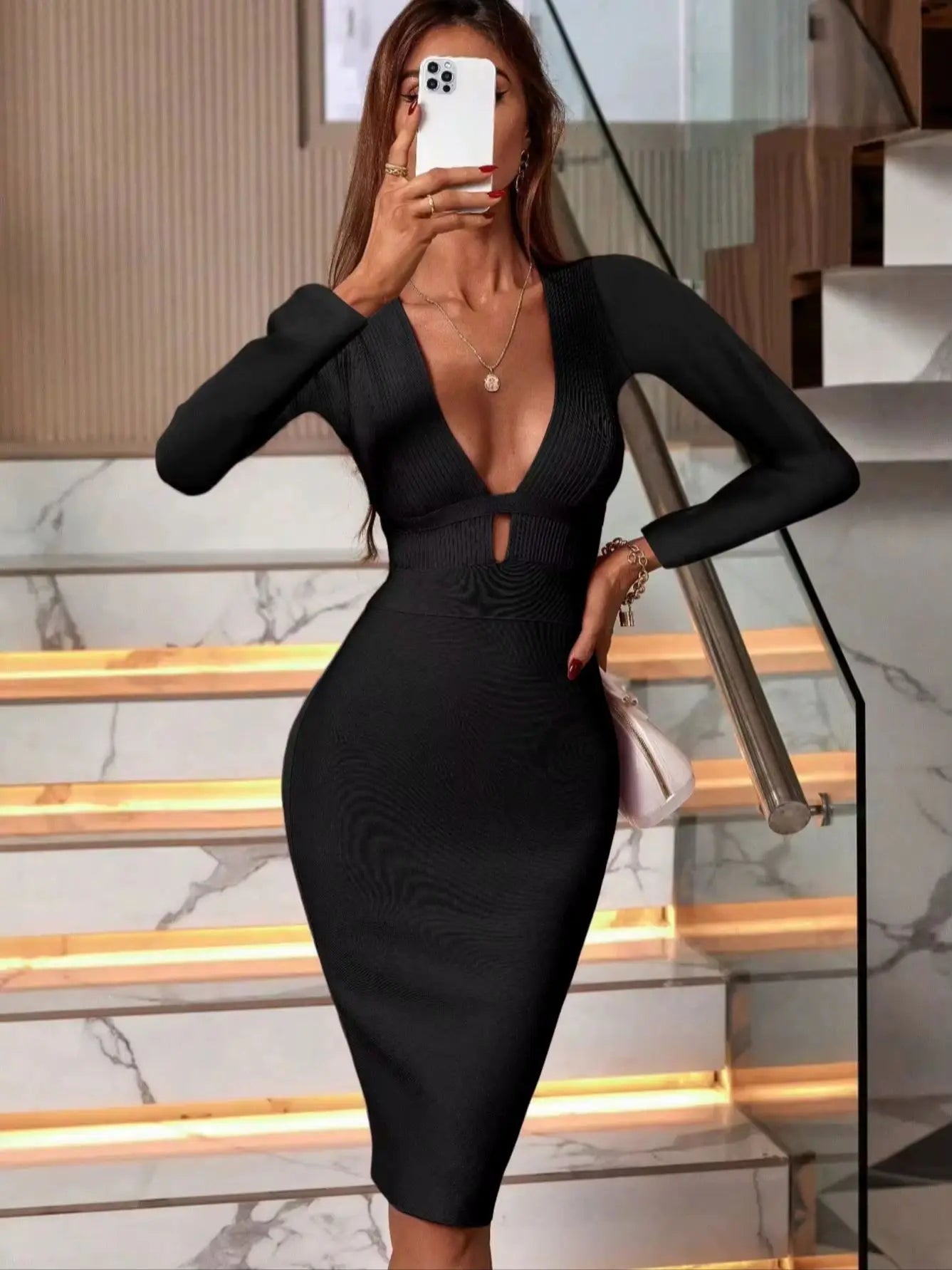 Sexy Elegant Black Long Sleeve Midi Backless Bodycon Dress 