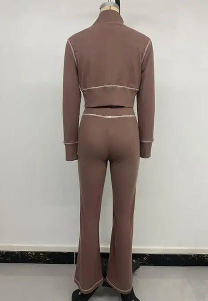 Two Piece Set Women Outfit Spring Autumn New Solid Color Stand Collar Long Sleeved Crop Zipper Jacket & Casual Pants Set