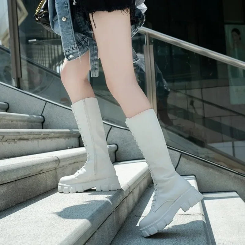 Women's Mid Calf Boots Padded Shoes Knee High Winter Sneakers Punk Style Military Casual White Black 2024 Lucury Platform Woman