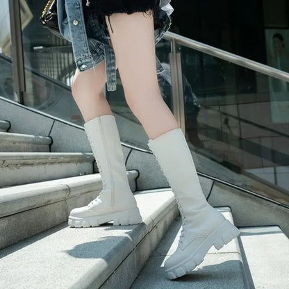 Women's Mid Calf Boots Padded Shoes Knee High Winter Sneakers Punk Style Military Casual White Black 2024 Lucury Platform Woman