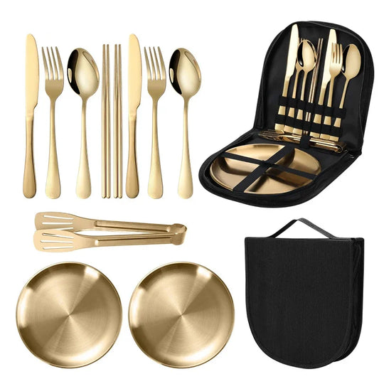 11 Pcs/lot Picnic Tableware Kit Portable Stainless Steel Knife Fork Spoon Plate Cutlery Set Outdoor Travel Camping Equipment