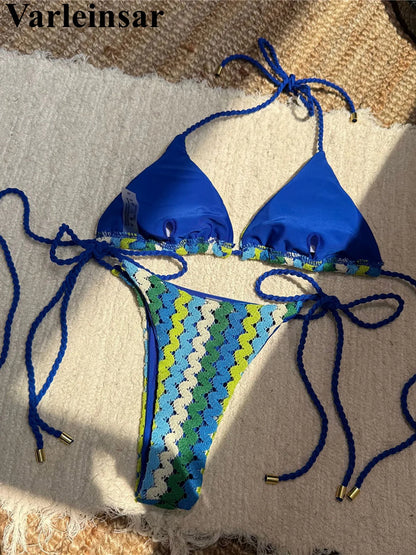 Colorful Halter Bikini Women Swimwear Female Swimsuit Two-pieces Bikini set High Leg Cut Padded Bather Bathing Suit Swim V6991