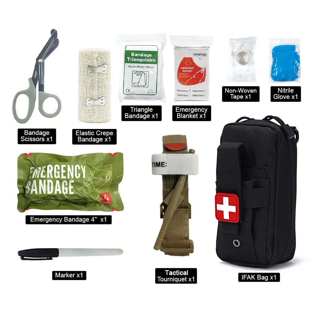 50611s 10pcs IFAK Tactical Molle Pouch Survival First Aid Kit for Emergency Rescue Outdoor Camping Hiking Sports Portable