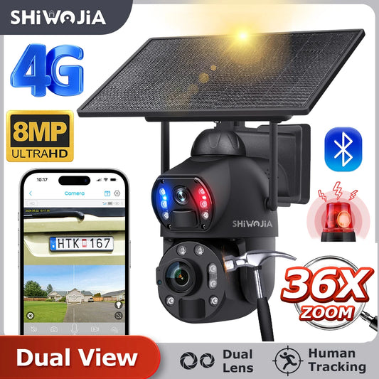 SHIWOJIA 4K 8MP 36X Zoom 4G Solar Camera Dual Lens Dual Screen Human Detect Auto Tracking Outdoor 10W Solar Panel WIFI CCTV