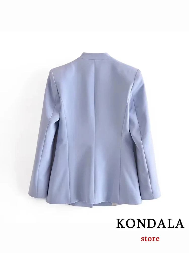 KONDALA Office Lady Light Blue Blazer Suits Women 2 Pieces V Neck Loose Jackets+High Waist Sashes Pants Fashion 2023 Autumn Sets