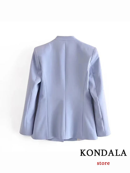 KONDALA Office Lady Light Blue Blazer Suits Women 2 Pieces V Neck Loose Jackets+High Waist Sashes Pants Fashion 2023 Autumn Sets