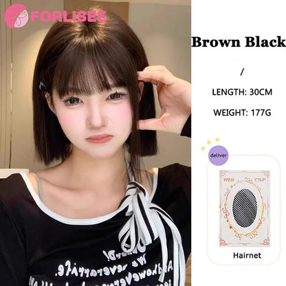 FORLISEE Synthetic Wig Short Black Brown with Bangs for Women Bob Straight Wig High Temperature Daily Cosplay Party Wigs