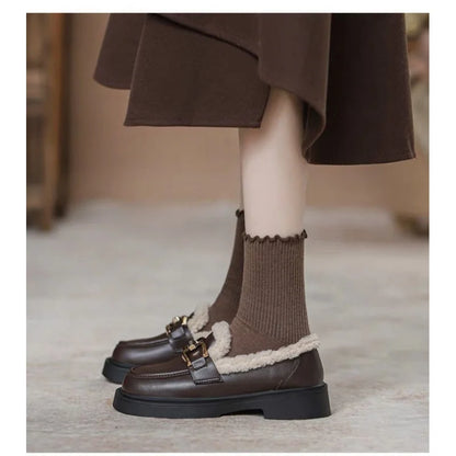 Women's Fur Lined Loafers Chunky Platform Winter Shoes Horsebit Slip On  Comfortable Flats