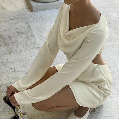 Tuularose Satin Backless Dress Women's Sexy Hollow Lace Up Long Sleeve A-Line Short Dress Elegant Swing Neck Party Evening Dress
