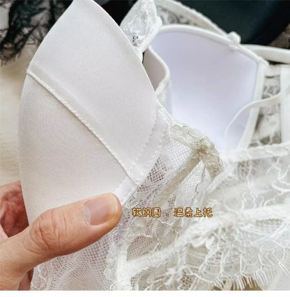 Sexy Lingerie Women Lace Transparent Underwear Embroidery Brief Set Delicate Bra Push Up Lace Gathered Edge Bra and Panty Set