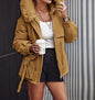 Quilted Jacket Woman Autumn Winter Faux Fur Lantern Sleeve Hooded Casual Plain Long Sleeve Pocket Zipper Cargo Parka Coat