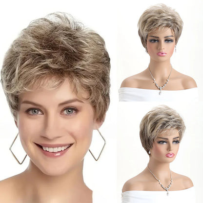 Short Natural Wigs with Bangs Soft Mommy Hair Daily Use Short  Grey Ombre Curly Synthetic Hair Costume Party Wig for Women