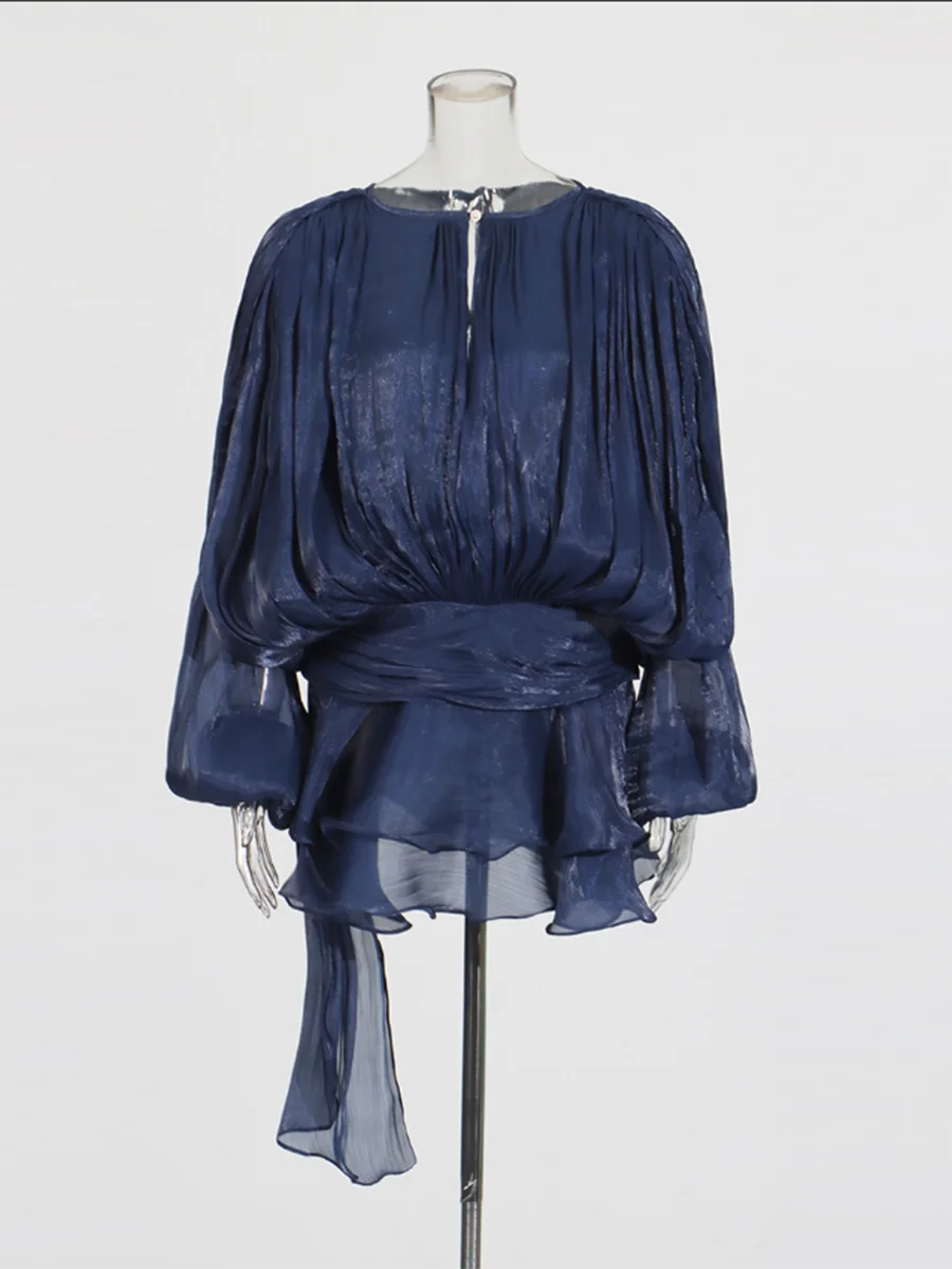 TWOTWINSTYLE Elegant Ruched Mini Dress For Women Round Neck Lantern Long Sleeve High Waist Temperament Dresses Female Fashion