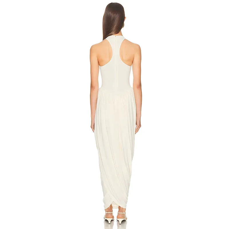 Blifanbo Pleated Elegant O Neck Maxi Dress For Women Off-shoulder Fashion Slim Fit Sleeveless Patchwork Sexy Club Party Dress