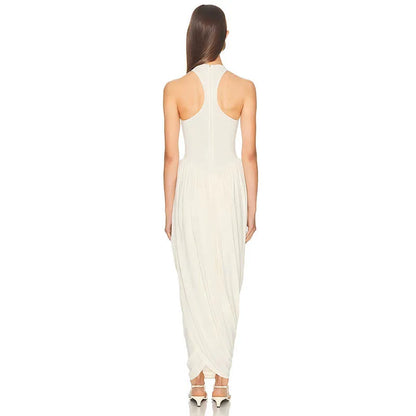 Blifanbo Pleated Elegant O Neck Maxi Dress For Women Off-shoulder Fashion Slim Fit Sleeveless Patchwork Sexy Club Party Dress