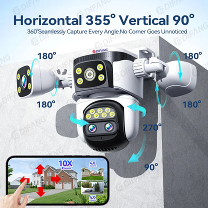 Outdoor 10K WiFi6 Camera 20MP 10X Optics Zoom Three Screen Four Len PTZ Automatic Tracking 6K Dual Lens Waterproof Security CCTV