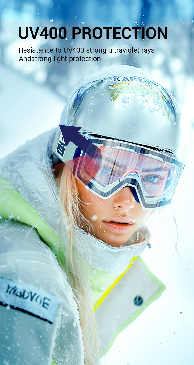 KAPVOE New Outdoor Photochromic Ski Goggles Winter Snow Sports for Unisex Snow Glasses UV400 Anti-fog Magnetic Snowboard Glasses