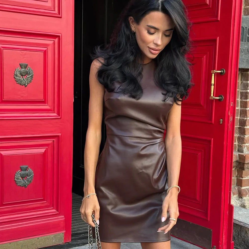 Talenza Skinny Leather Dress Women's Fashion Round Neck Solid Retro Short Dress Y2k Leather High Waist Party Evening Dress 2025