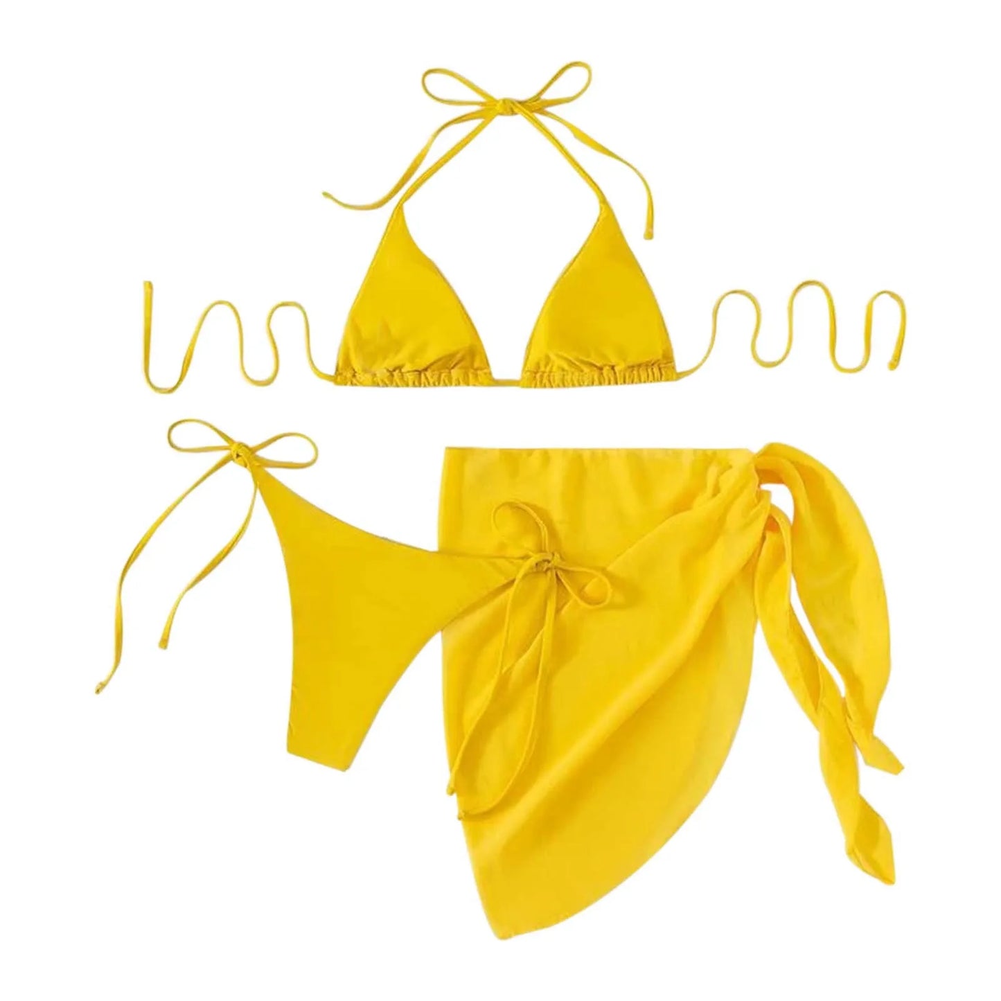 Sexy Three Pieces Bikini Set Women Summer Bikini With Sarong Skirt Solid Color Triangle Cup Tie Up Female Swimwear Swimming Suit
