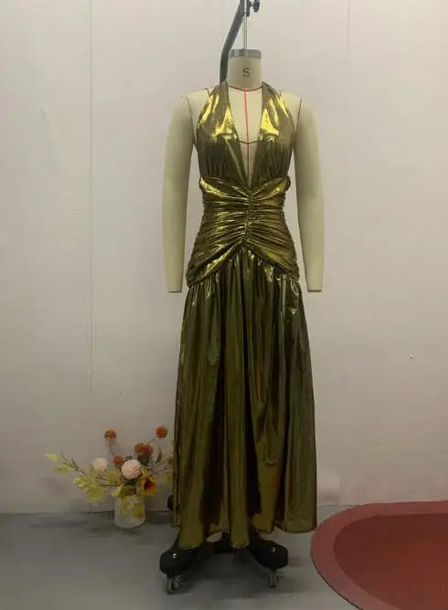 Womens Dresses New Summer Solid Color Halter V-Neck Sexy High Slit Backless Waist Cinching Ruched Casual Long Dress