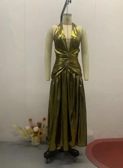 Womens Dresses New Summer Solid Color Halter V-Neck Sexy High Slit Backless Waist Cinching Ruched Casual Long Dress