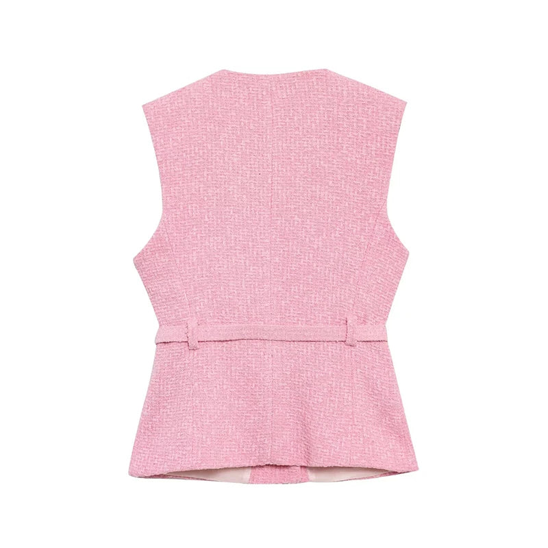 RAFZNB Fashion with Belt Waistcoat for Women Spring O Neck Sleeveless Single Breasted Slim Vest Casual Female Outerwear Chic Top