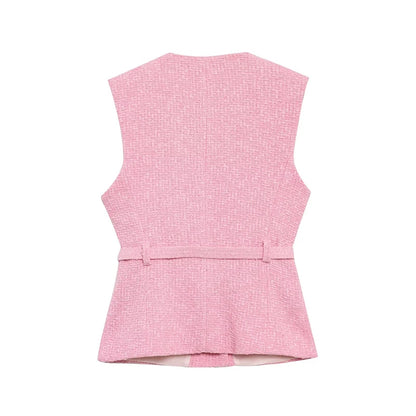 RAFZNB Fashion with Belt Waistcoat for Women Spring O Neck Sleeveless Single Breasted Slim Vest Casual Female Outerwear Chic Top