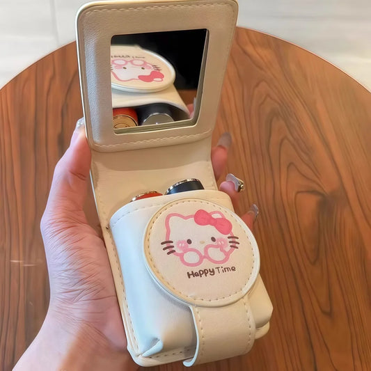 Hello Kitty Fashion Portable Makeup Mirror with Cosmetic Bag Lightweight Travel Touch-up Kit Protective Case Storage Best Gift