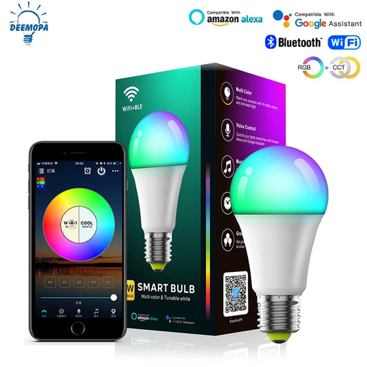 220V 110V WiFi Smart LED Bulb 9W 10W E27/E26 RGB+CCT Indoor Light Alexa Google Home Together APP Timing Dimming