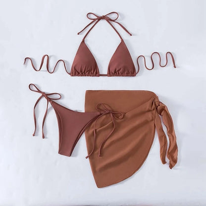 Sexy Three Pieces Bikini Set Women Summer Bikini With Sarong Skirt Solid Color Triangle Cup Tie Up Female Swimwear Swimming Suit