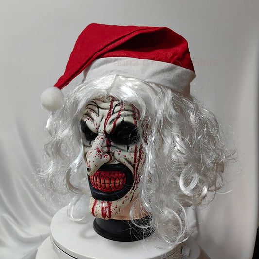 Scary Terrifier 3 Mask Latex with Christmas Hat White Hair Soft Joker Terrifier Cosplay Masks Clown Party Masks Adult One Size