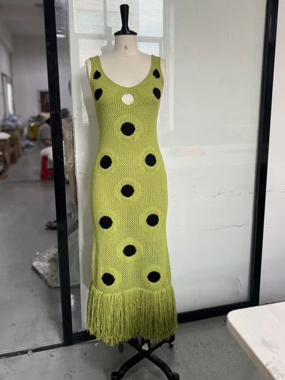 Designed Polka Dot Knitted Long Dress V Neck Hollow Out Fringe Hem Dresses 2025 Summer New Women's Elegant Party Evening Gown