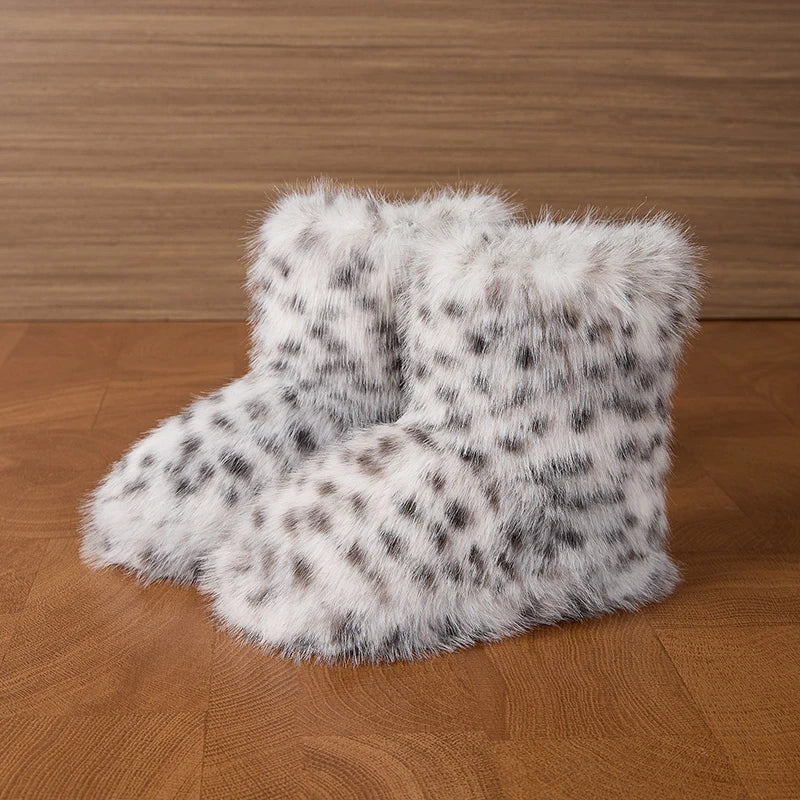 Leopard Winter Ankle Boots Female Fluffy Casual Plarform Women's Shoes Plush Luxury Design Indoor Outdoor Fuzzy Fur Snow Booties
