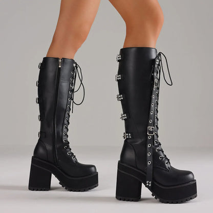 Punk Gothic Women Motorcycle Boots Chunky High Heels Lace Up Buckle Platform Fashion Cool Luxury Halloween Winter Shoes