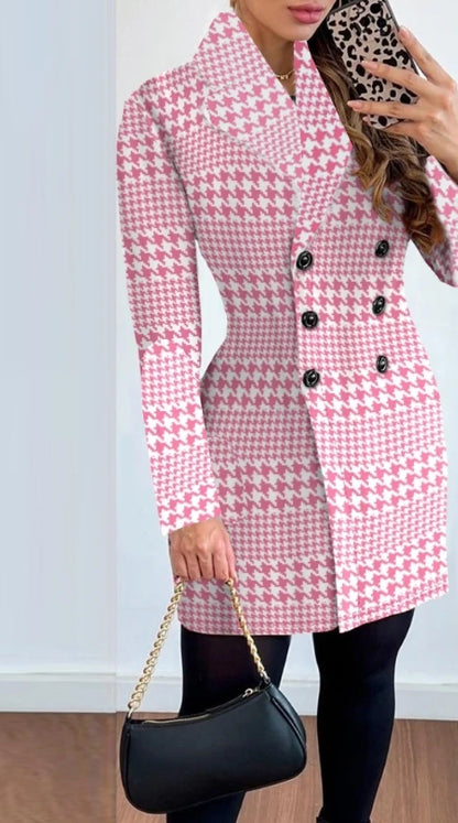 Female Jacket Autumn Fashion Double Breasted Plaid Print Elegant Long Sleeved Notched Collar Casual Daily Blazer Coat